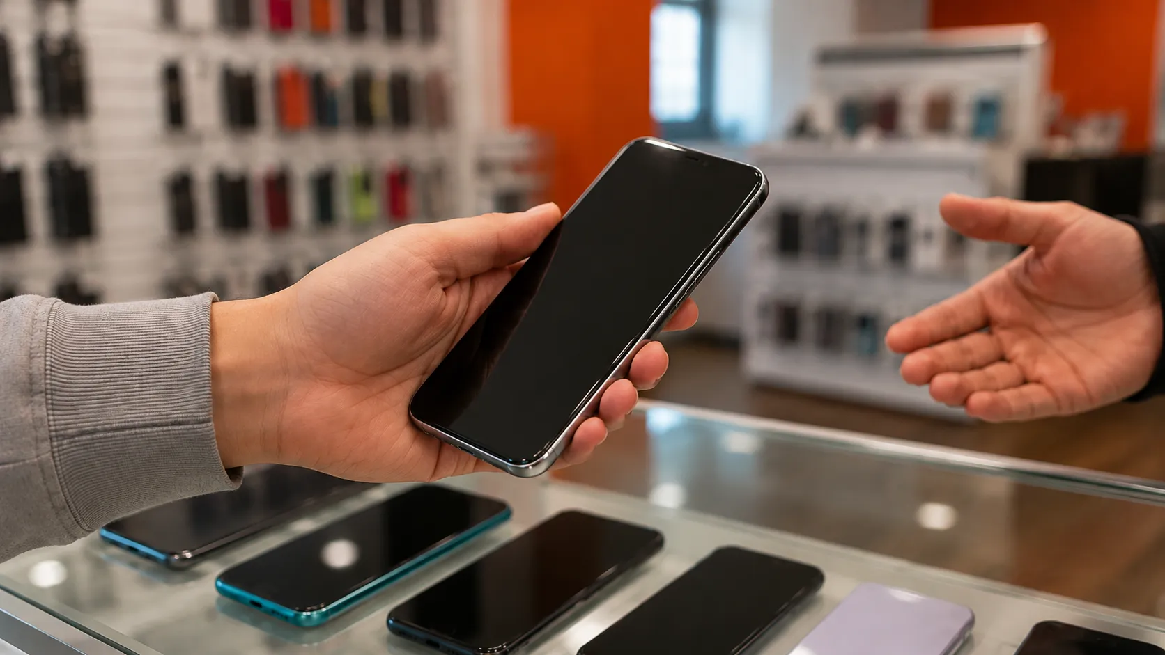 A person choosing a mobile phone at a retail counter