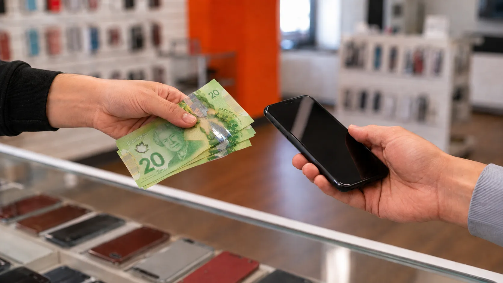 A hand holding cash beside a mobile phone